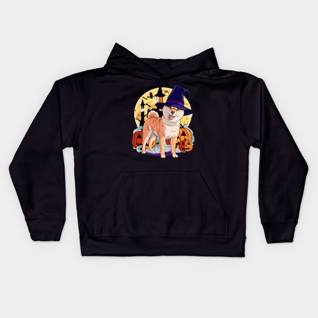 Shiba Inu Scary Dog Halloween Witch Pumpkin Kids Hoodie by Noseking